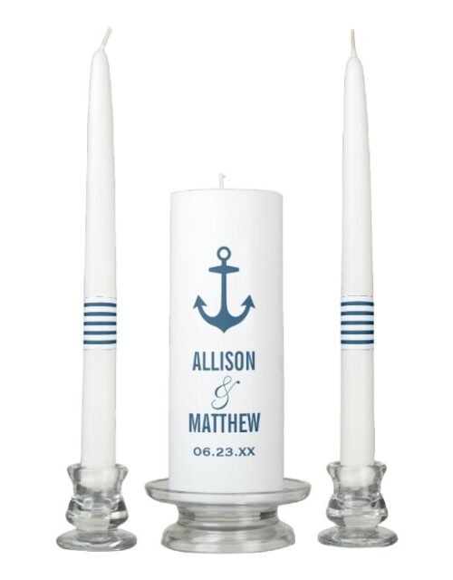Modern Navy Nautical Anchor Wedding Monogram Unity Candle Set