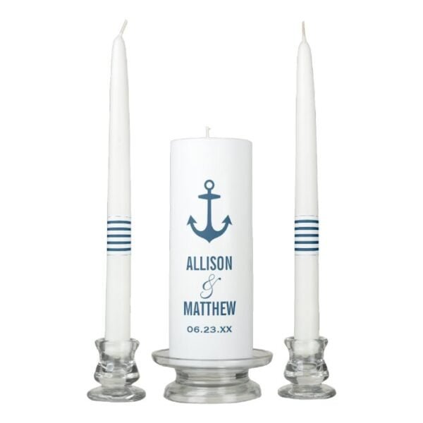 Modern Navy Nautical Anchor Wedding Monogram Unity Candle Set