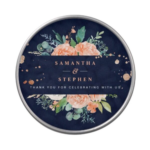 Modern Peach, Navy & Copper Floral Wedding Favor Candy Tin