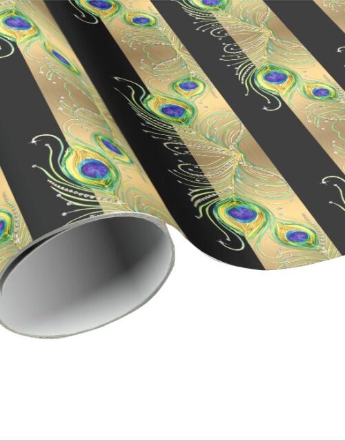 Modern Peacock Feathers Faux Jewel Striped Hearts Wrapping Paper