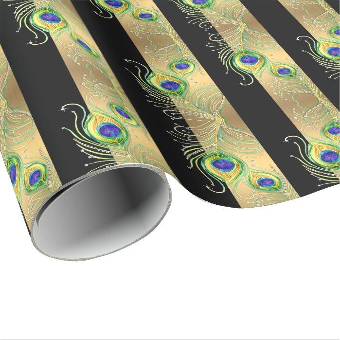 Modern Peacock Feathers Faux Jewel Striped Hearts Wrapping Paper