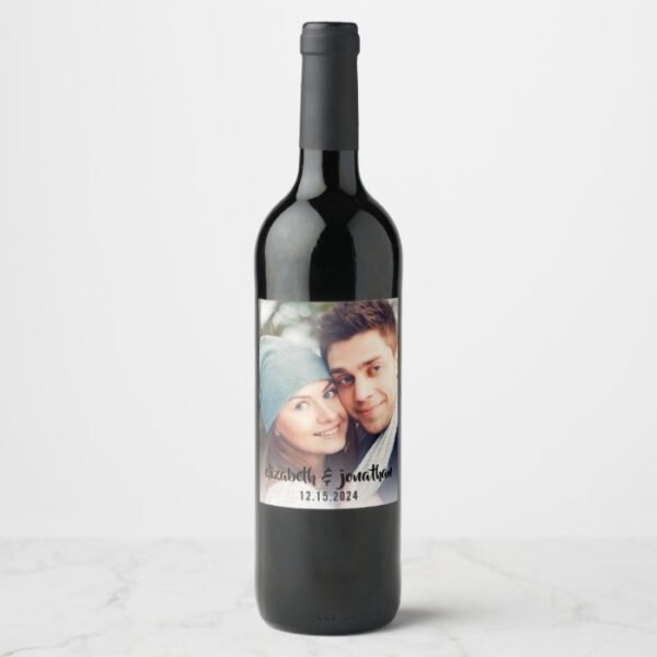 Modern Photo Handwritten Script Custom Wedding Wine Label