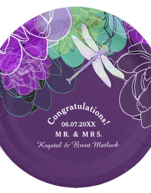 Modern Purple Dragonfly Floral Paper Plates