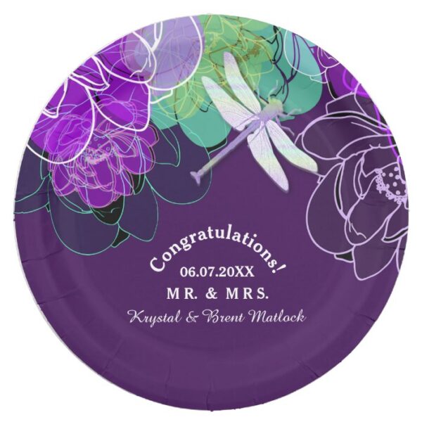 Modern Purple Dragonfly Floral Paper Plates
