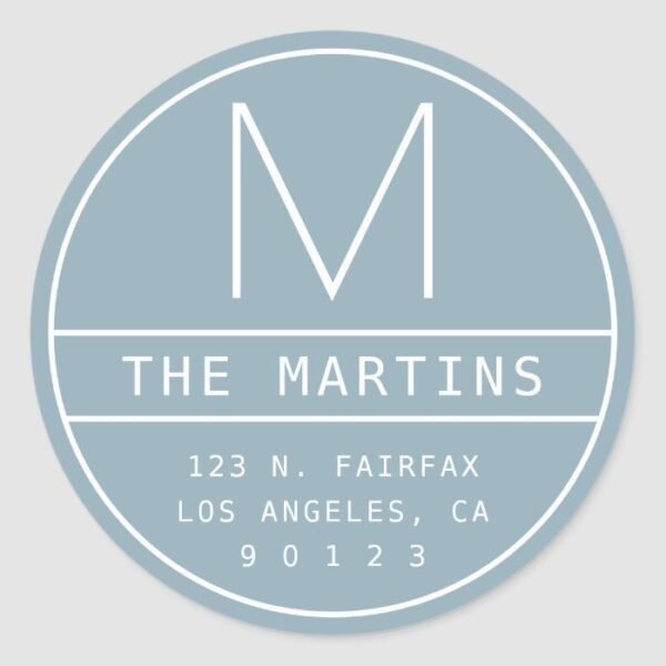 Modern Return Address & Monogram | Dusty Blue Classic Round Sticker