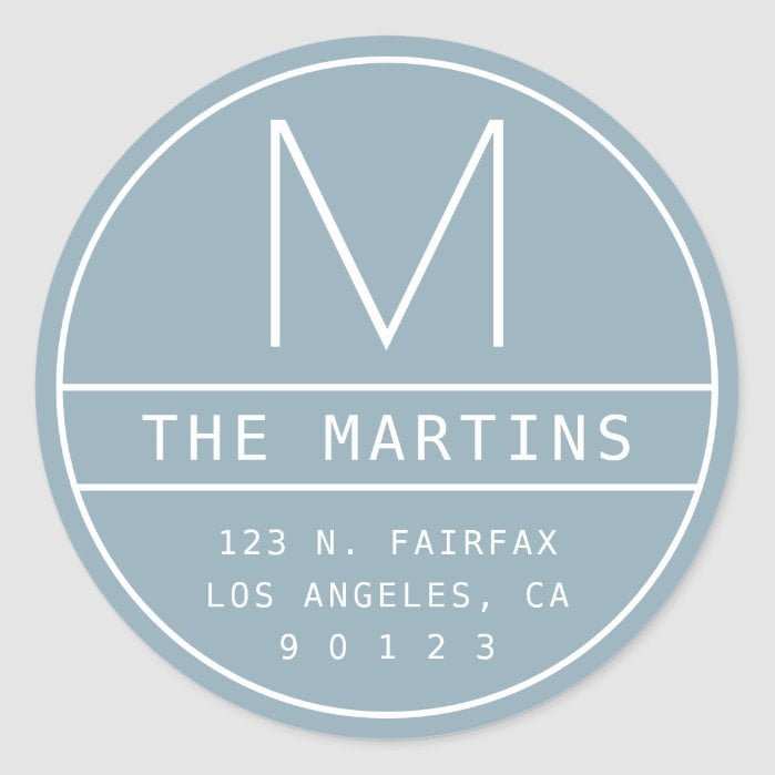 Modern Return Address & Monogram | Dusty Blue Classic Round Sticker