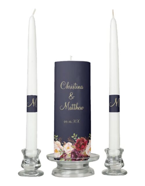 Modern Scrip Navy Blue Burgundy Floral Wedding Unity Candle Set