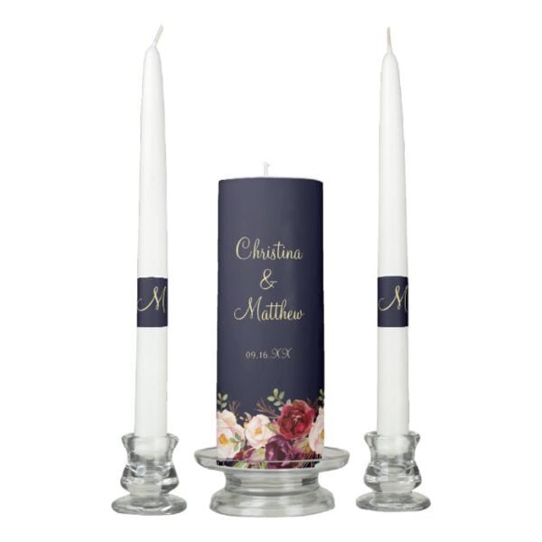 Modern Scrip Navy Blue Burgundy Floral Wedding Unity Candle Set