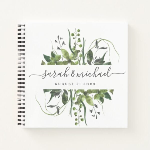 Modern Script Greenery Elegant Wedding Guest Notebook