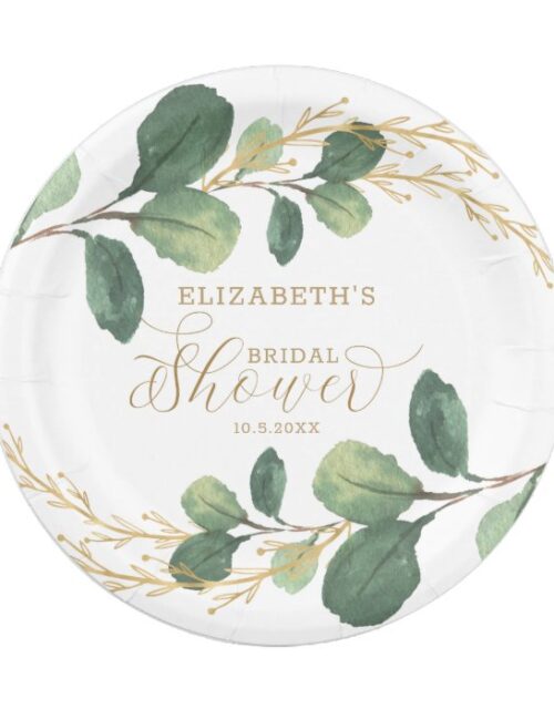 Modern + Stylish Green Gold Greenery Bridal Shower Paper Plate