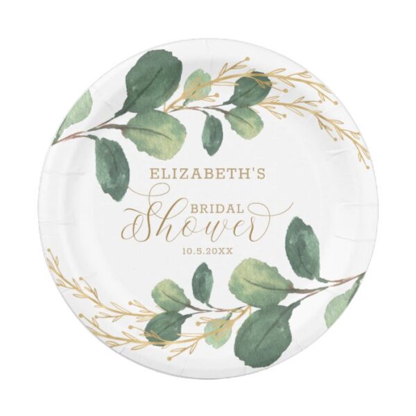 Modern + Stylish Green Gold Greenery Bridal Shower Paper Plate