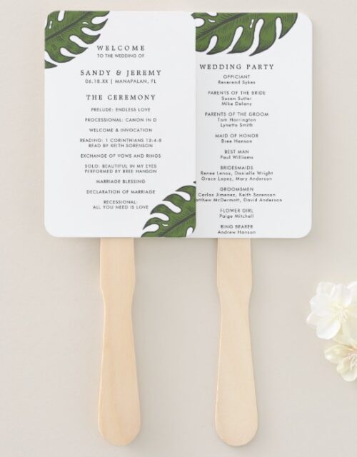 Modern Tropical Green Palm Leaf Wedding Program Hand Fan