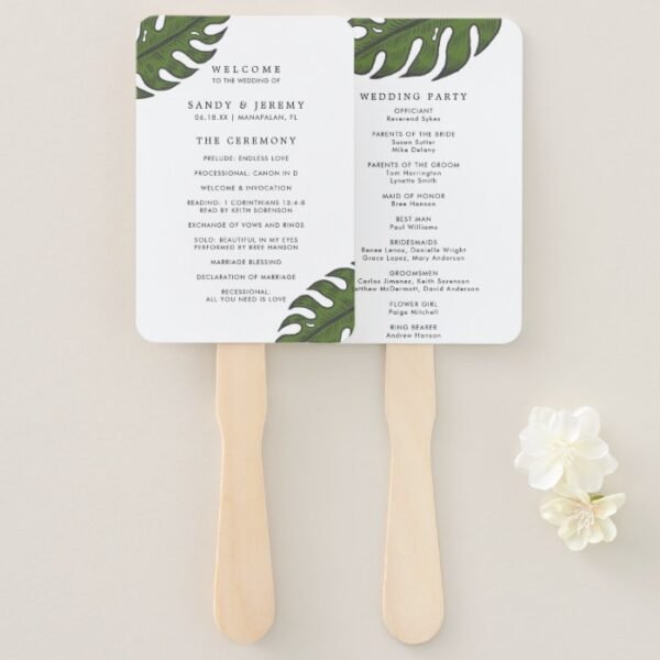 Modern Tropical Green Palm Leaf Wedding Program Hand Fan
