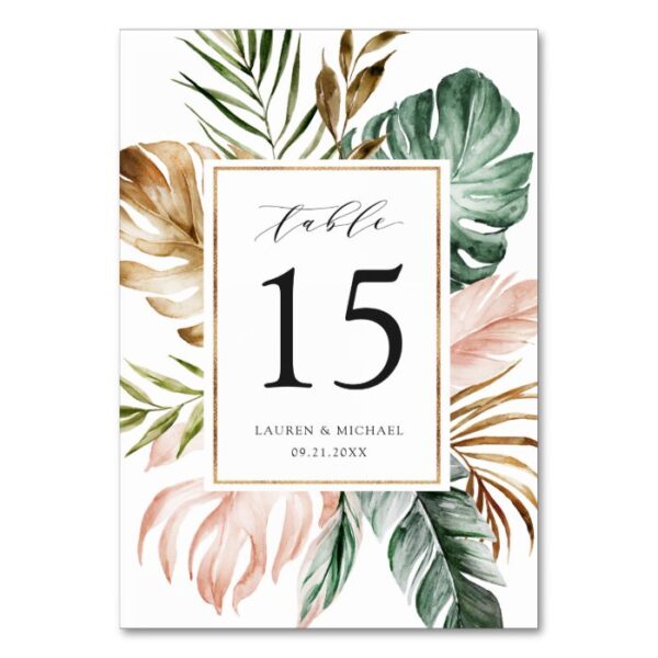 Modern Tropical Palm Leaf Greenery Blush Floral Table Number