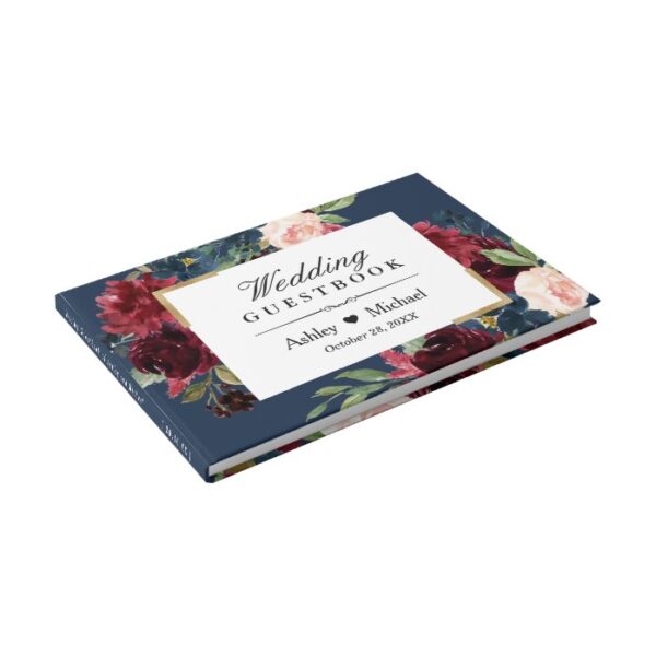 Modern Vintage Burgundy Floral Navy Blue Wedding Guest Book