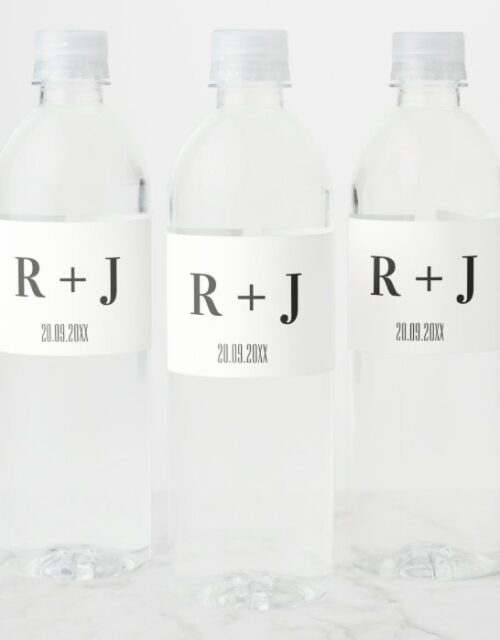Modern White & Black Monogram Wedding Water Bottle Label
