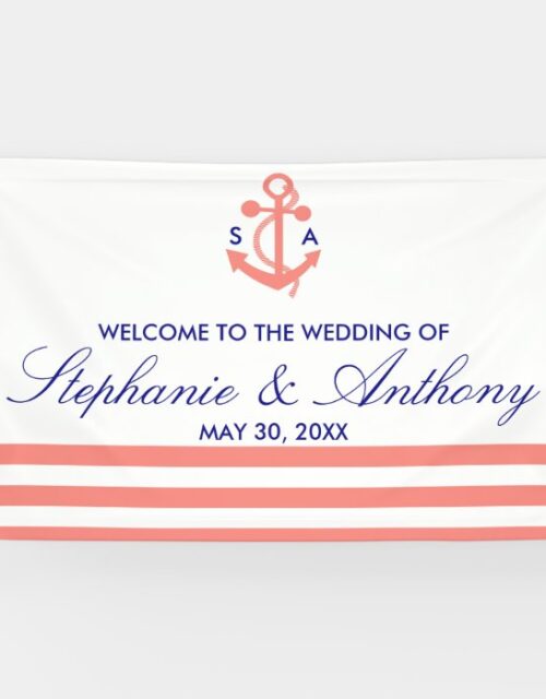 Monogram Coral Pink Nautical and Navy Blue Wedding Banner
