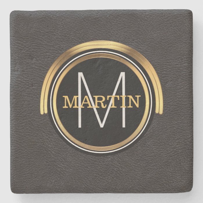 Monogram Initial Family Name Gold Black Leather Stone Coaster