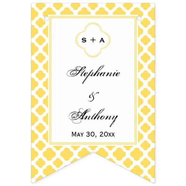 Monogram Lemon Yellow and White Quatrefoil Pattern Bunting Flags