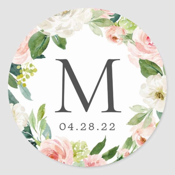 Monogram Wedding Date Blush Pink Floral Wreath Classic Round Sticker