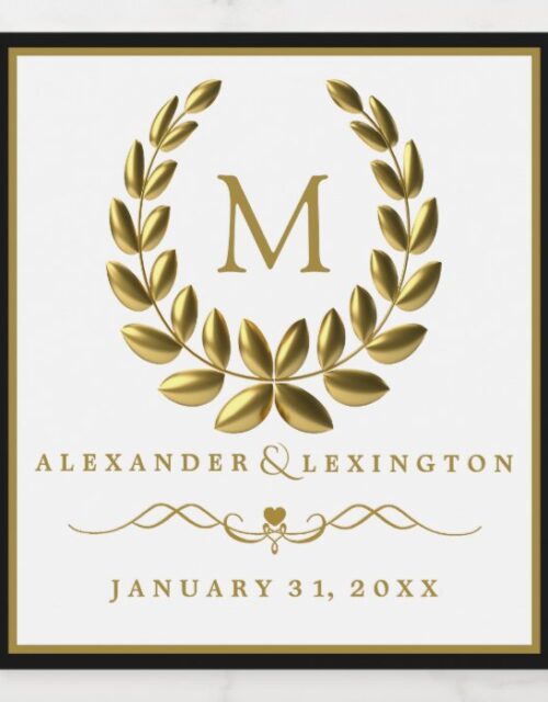 Monogram with Laurel Wreath Black and Gold Wedding Wine Label