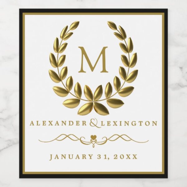 Monogram with Laurel Wreath Black and Gold Wedding Wine Label