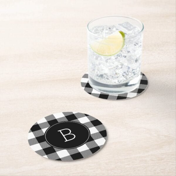 Monogrammed Black and White Buffalo Plaid Round Paper Coaster