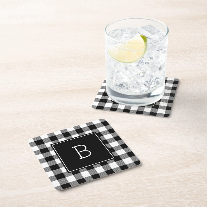 Monogrammed Black and White Buffalo Plaid Square Paper Coaster