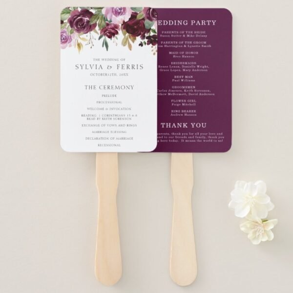 Moody Plum Floral Wedding Program Hand Fan