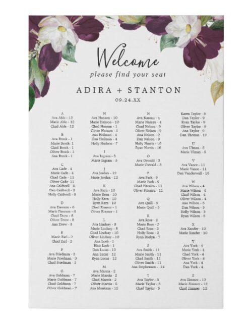 Moody Purple Blooms Alphabetical Seating Chart Faux Canvas Print