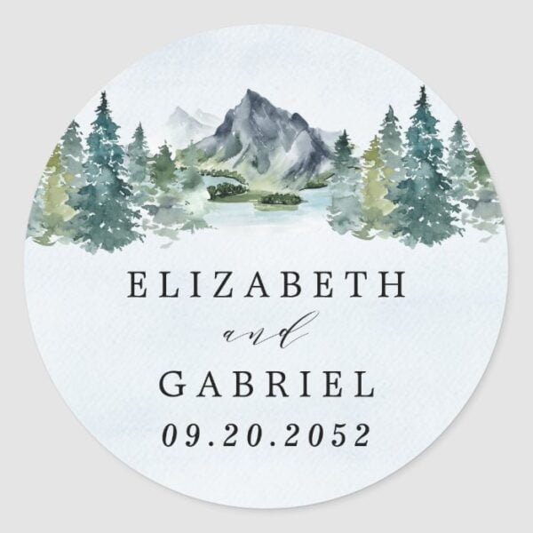 Mountain Watercolor Elegant Rustic Themed Wedding Classic Round Sticker