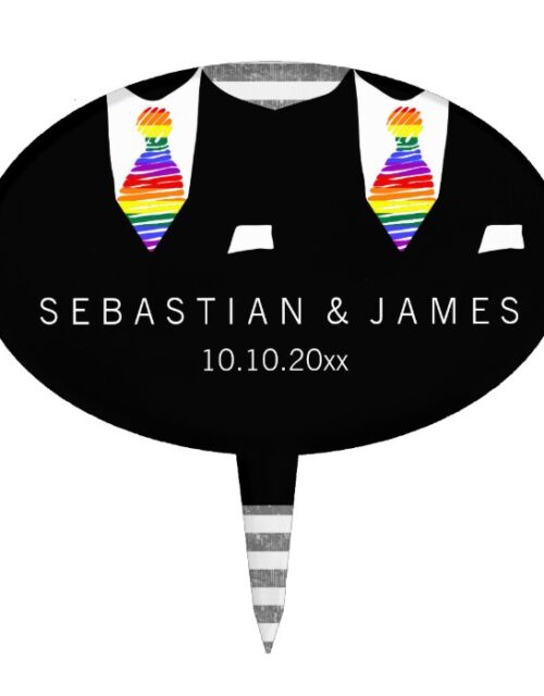 Mr and Mr Suit and Rainbow Tie Gay Wedding Cake Topper