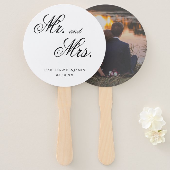 Mr. and Mrs. Black White Calligraphy Photo Wedding Hand Fan
