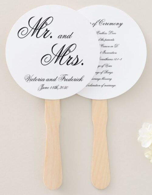 Mr. and Mrs. Elegant Calligraphy Wedding Program Hand Fan