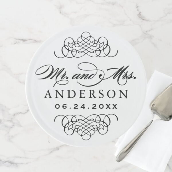 Mr. and Mrs. Monogram | Black Script Cake Stand