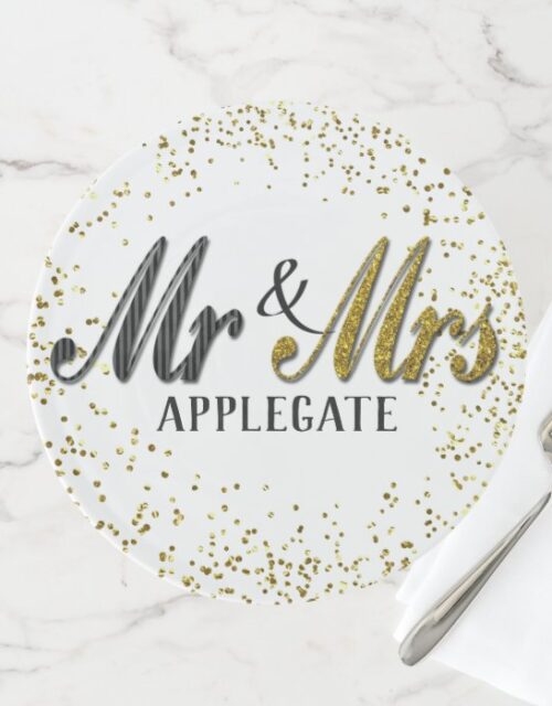 Mr and Mrs Tuxedo Gold Personalized Custom Wedding Cake Stand