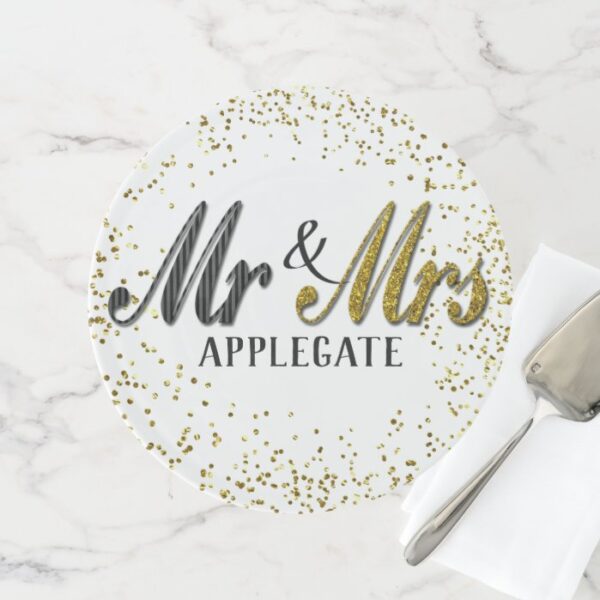 Mr and Mrs Tuxedo Gold Personalized Custom Wedding Cake Stand