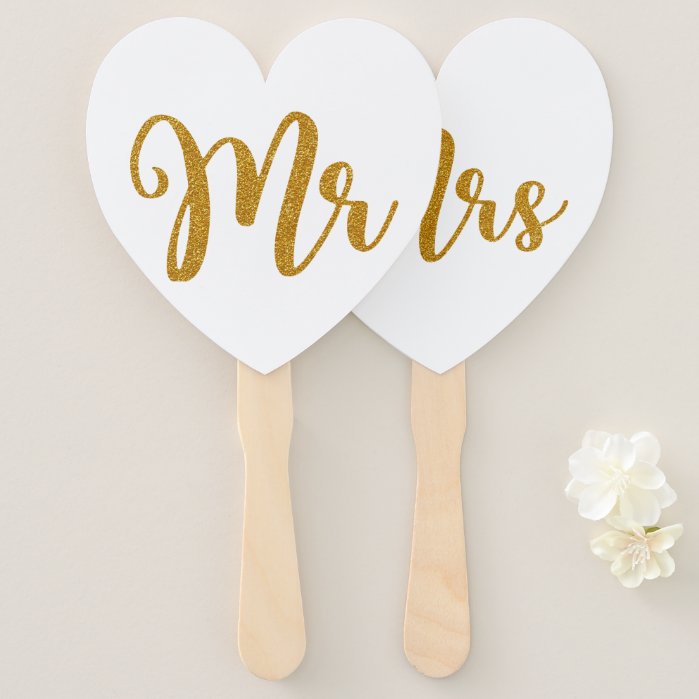Mr & Mrs Gold Glitter Typography Hand Fan