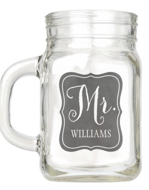 Mr. Rustic Script Monogram Chalkboard Wedding Mason Jar