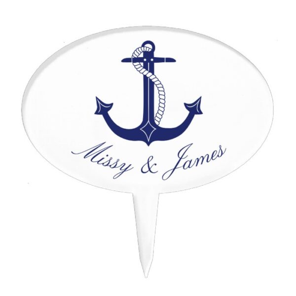 Nautical Anchor Navy Blue Typography Wedding Cake Topper