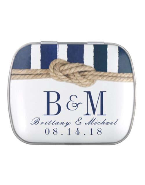 Nautical Knot Burlap Navy Stripes Wedding Favor Candy Tin