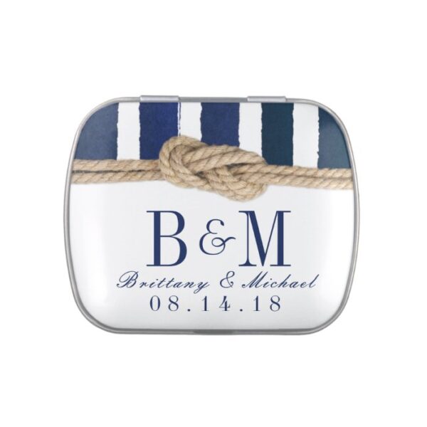 Nautical Knot Burlap Navy Stripes Wedding Favor Candy Tin