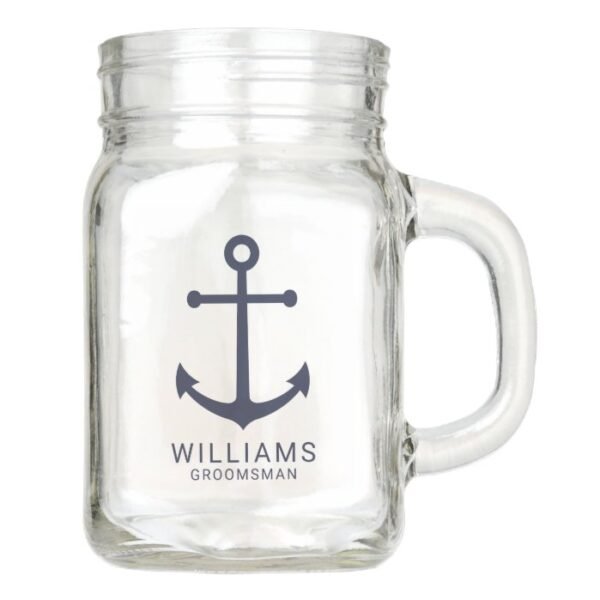 Nautical Navy Blue Anchor Personalized Groomsmen Mason Jar