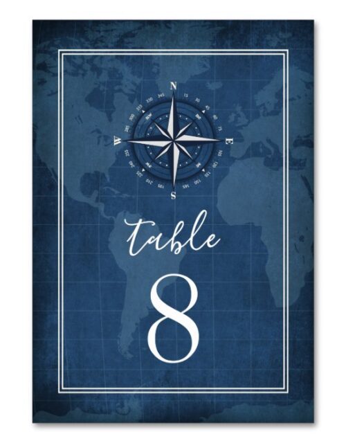 Nautical Navy Blue & White Vintage Compass Wedding Table Number