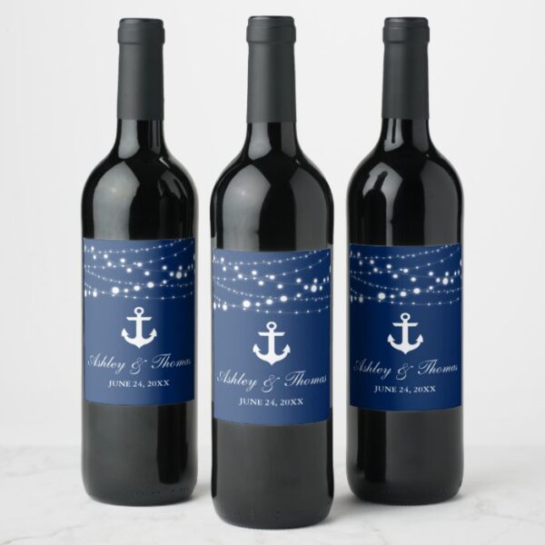 Nautical Wedding Anchor String Lights Navy Blue Wine Label