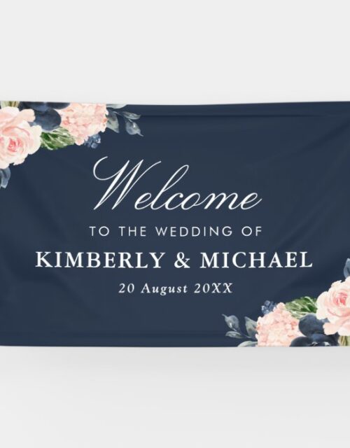 navy and blush floral welcome wedding banner
