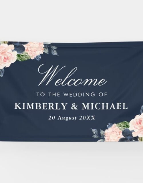 navy and blush floral welcome wedding banner