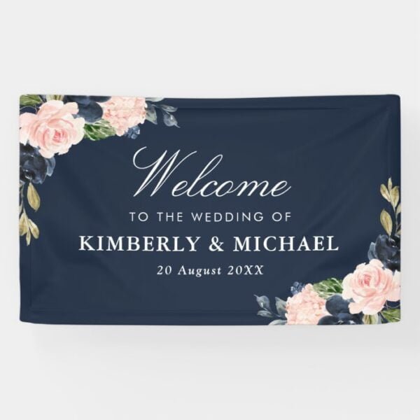 navy and blush floral welcome wedding banner