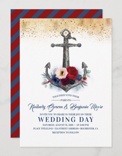 Navy and Burgundy Floral Anchor Nautical Wedding Invitation