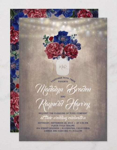 Navy and Burgundy Floral Mason Jar Rustic Wedding Invitation